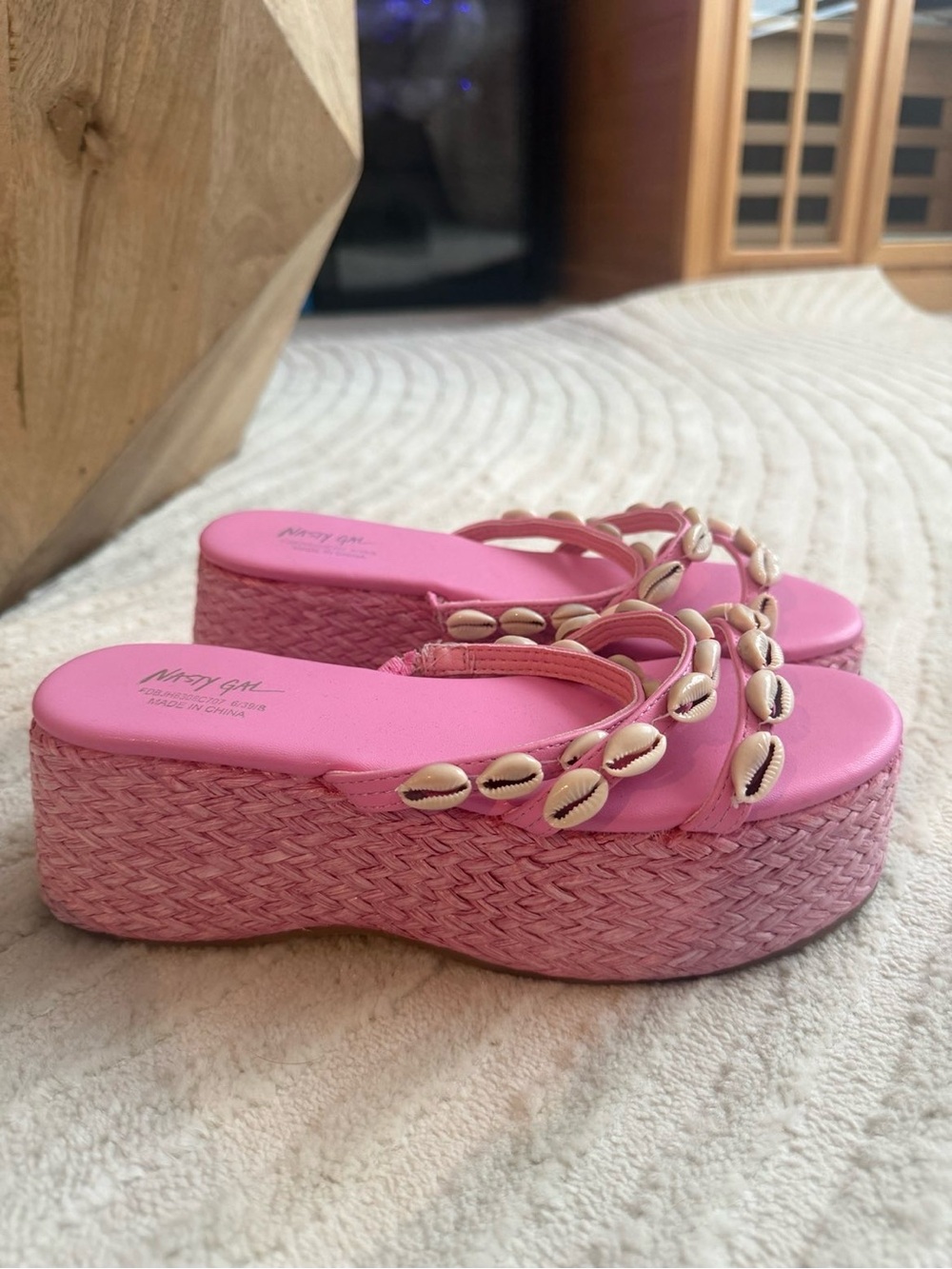 Nasty Gal Pink Shell-Trim Platform Sandals